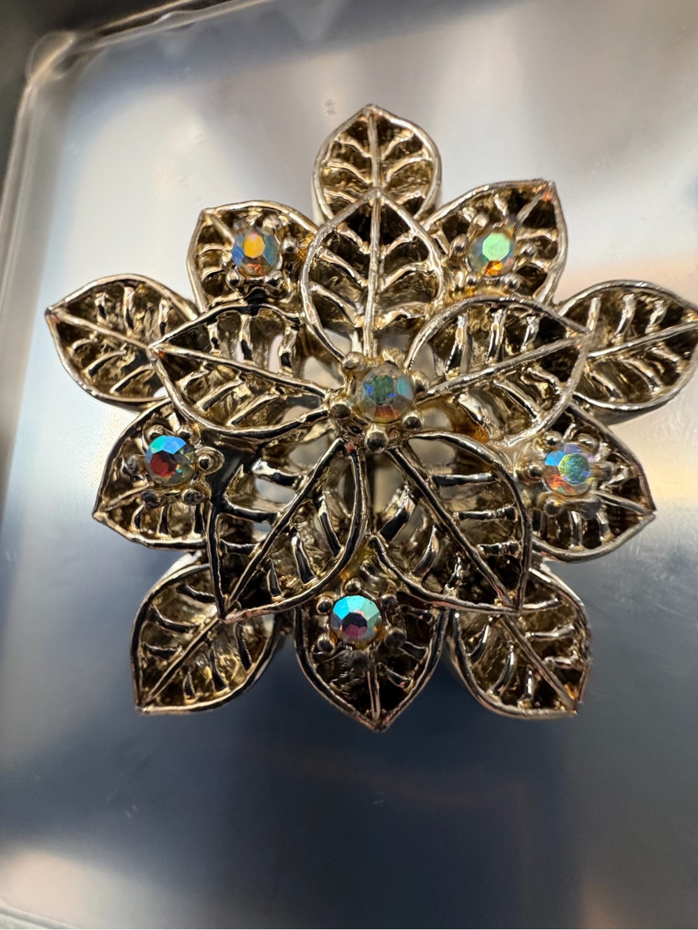 Vtg. 60’s Silver Poinsettia Brooch AB Rhinestone Filigree Christmas Flower Pin